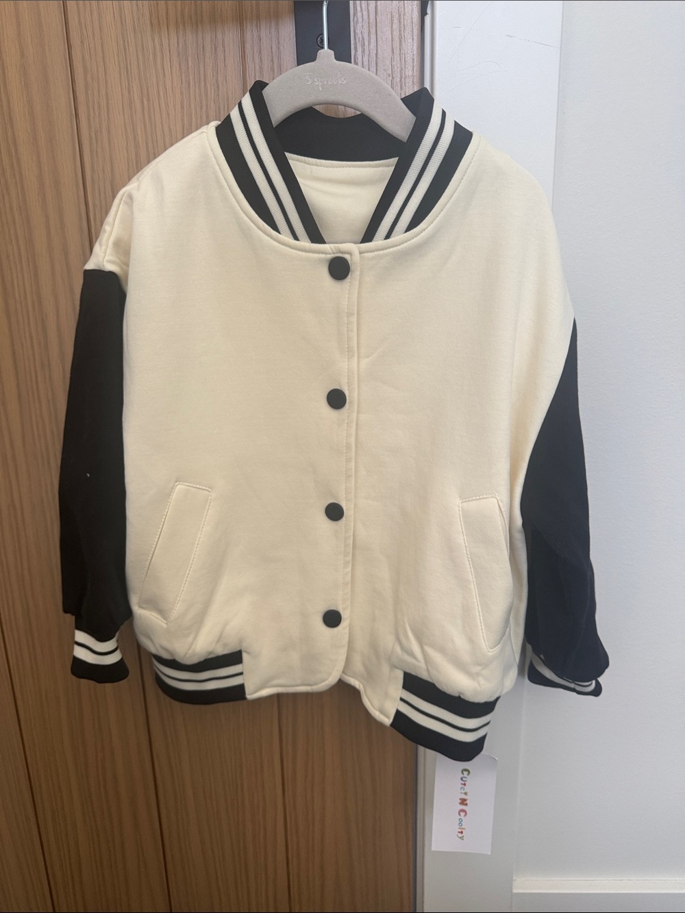 Toddler Cream and Black Varsity Jacket - Classic Button Front